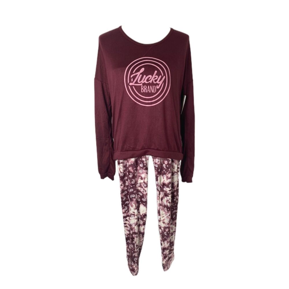 Lucky Brand Women’s Pajama Set Maroon White 2-Piece Shirt and Pants Size Medium